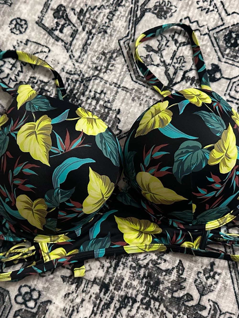 Victoria's Secret Black Floral Underwire Bikini Top with Yellow & Teal Leaves